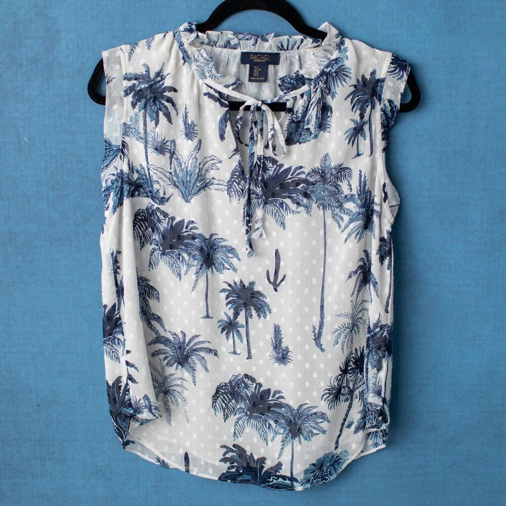Rachel Roy Women Small Blue White Palm Tree Swiss Dot Sleeveless Tie Neck Blouse